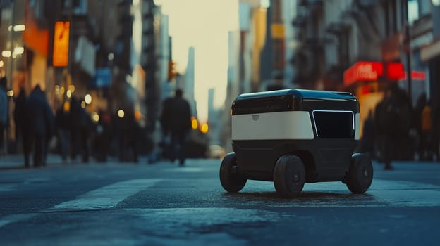A sleek autonomous delivery robot travels down a bustling city street, showcasing innovation in urban logistics.