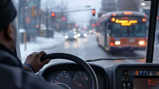 View from inside a bus as the driver navigates a snowy urban street, with blurred traffic lights ahead.