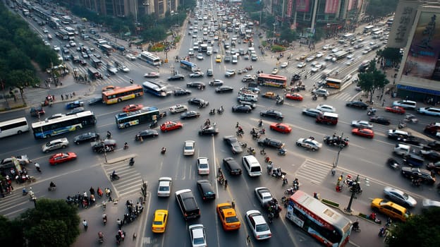 A bustling city intersection filled with a variety of vehicles, illustrating the chaos of urban traffic.