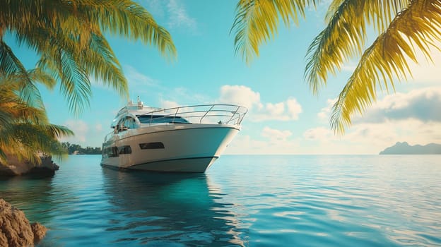 A luxury yacht anchored in a tranquil tropical paradise, surrounded by turquoise waters and lush palm trees.