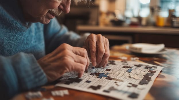 Senior person in blue sweater working on crossword puzzle with focused concentration, close up view of hands holding pencil over newspaper puzzle.
