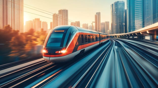 A sleek high speed train races through a modern cityscape at sunset, highlighting advanced transportation technology.