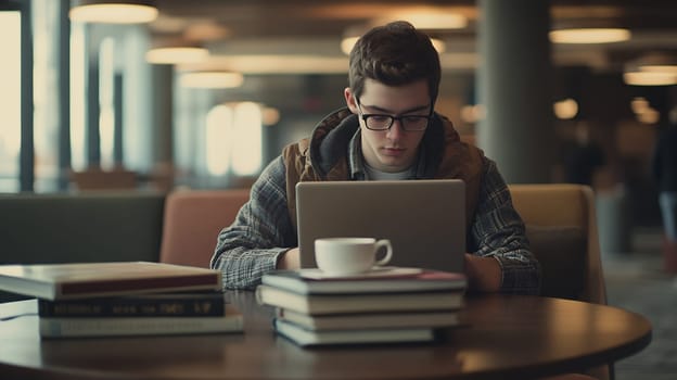 A focused student studying with a laptop in a cozy library setting, emphasizing education and concentration.