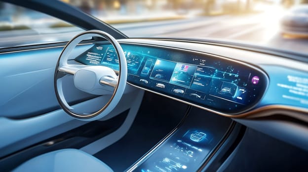 A sleek futuristic car interior featuring a high tech digital dashboard, representing innovation in automotive design.