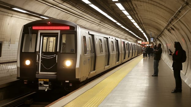 Subway train arriving at an underground station with waiting passengers, illustrating urban commuting.