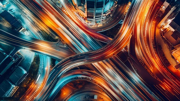 Stunning aerial view of a city's illuminated highway intersections, capturing the vibrant nightlife and urban infrastructure.
