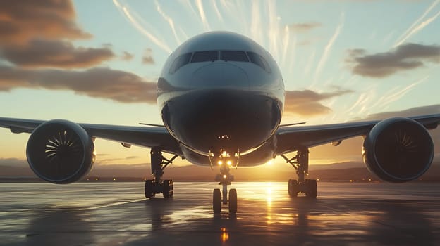 A majestic airplane is poised on the runway as the sun sets, creating a dramatic and captivating scene.