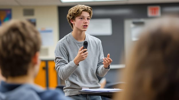 A teenager practicing public speaking in a classroom setting, focusing on communication skills and confidence.