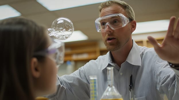A science teacher demonstrating a bubble experiment to a student, showcasing interactive learning in a lab.