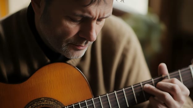 A focused man serenely playing an acoustic guitar indoors, expressing emotion through his music.