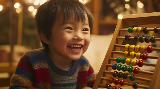 A cheerful child beams with joy while learning to count using a colorful abacus, fostering early math skills.