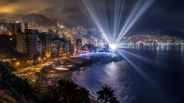 A coastal city sparkles under the night sky showcasing colorful lights and lively activity along the beach and waterfront.
