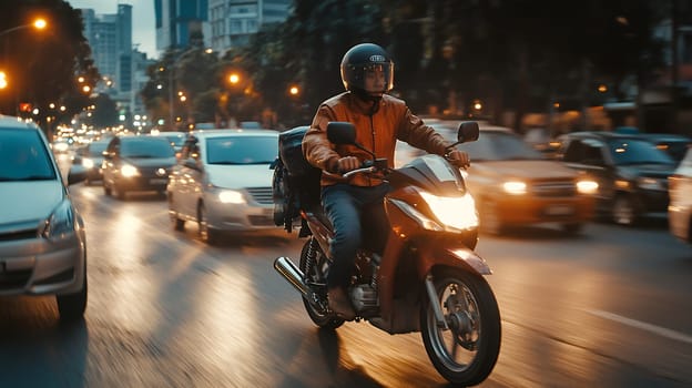 A motorcyclist skillfully navigates through a busy city street during twilight, capturing the essence of urban life.