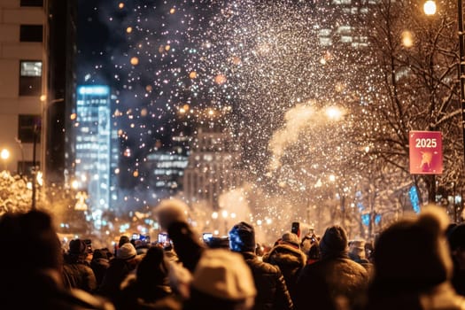 A large crowd gathers in the city at night for a festive winter celebration filled with lights excitement and floating snowflakes.