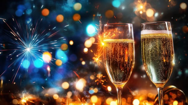 Two glasses filled with sparkling beverages are shown against a backdrop of colorful fireworks celebrating the festive atmosphere of New Year.