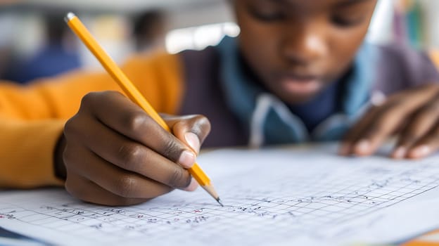 A child focuses intently on math homework, holding a pencil, fostering academic skills and concentration.