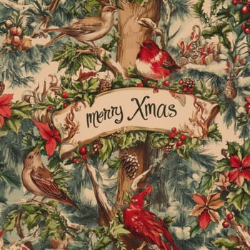Colorful birds gather around a decorative banner wishing happy holidays among winter foliage and vibrant flowers during the festive season.