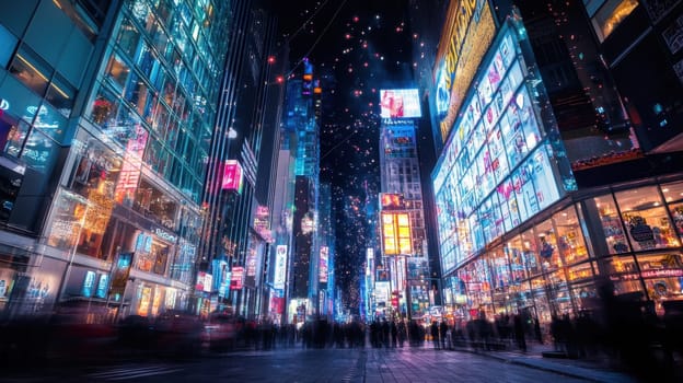A lively urban street is bustling with people featuring bright neon advertisements and towering buildings against the night sky.