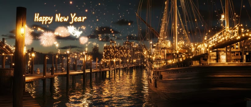 Festive lights adorn the harbor as fireworks light up the night sky celebrating New Years Eve with joy and excitement.