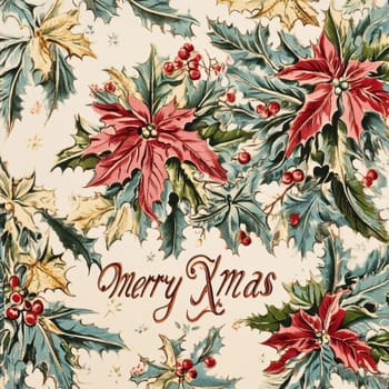 This festive card features colorful holly leaves and poinsettias beautifully arranged with a merry Christmas greeting in the center.