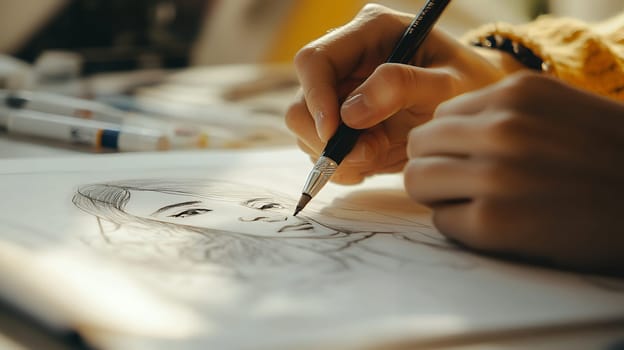 Hands skillfully sketch a portrait with a pencil, capturing details and expressions on paper, highlighting artistic talent.