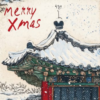 A traditional building adorned with snow features cheerful holiday lettering against a winter backdrop capturing a festive atmosphere.