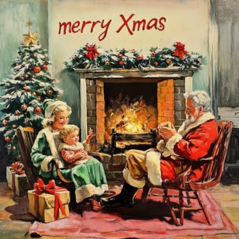 A joyful family gathers by a warm fireplace Christmas tree glowing sharing festive moments with gifts and laughter during the holidays.