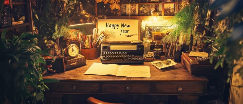 A vintage desk adorned with greenery and a typewriter celebrates the New Year with a cheerful greeting enhancing the warm atmosphere.