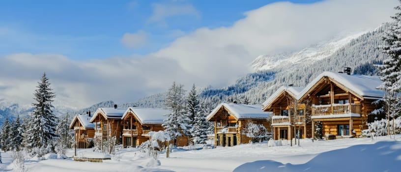 A charming village features wooden cabins blanketed in snow surrounded by majestic mountains under a bright blue sky during winter.