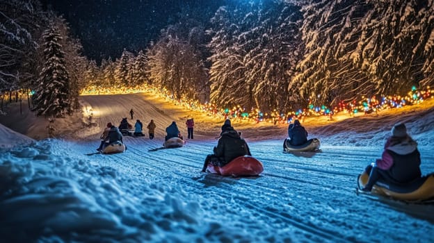A group enjoys tubing down a snowy hill surrounded by brightly lit trees under a dark night sky creating a magical winter atmosphere.
