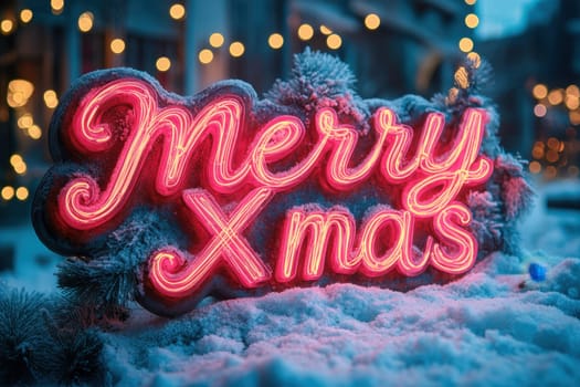 A vibrant Merry Xmas sign illuminates a snowy landscape adorned with twinkling lights creating a joyful holiday atmosphere.