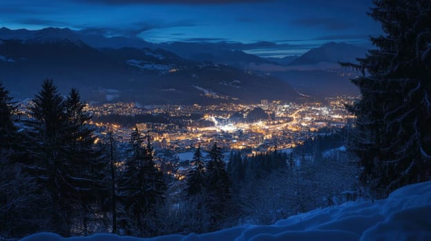 As night falls city lights twinkle below a snowy mountain landscape creating a serene winter atmosphere in the valley.