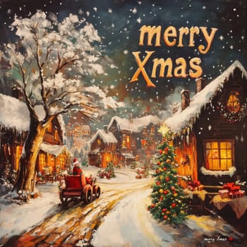 Delightful village illuminated with holiday lights and decorated trees as Santa drives through a snowy landscape in a vintage car.
