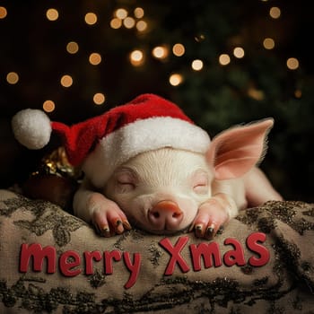 A small pig in a Santa hat sleeps soundly on a decorative surface celebrating the joyful Christmas season with festive cheer.