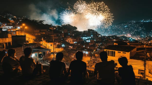 A group of friends watches spectacular fireworks illuminating a lively city skyline during a festive celebration at night.