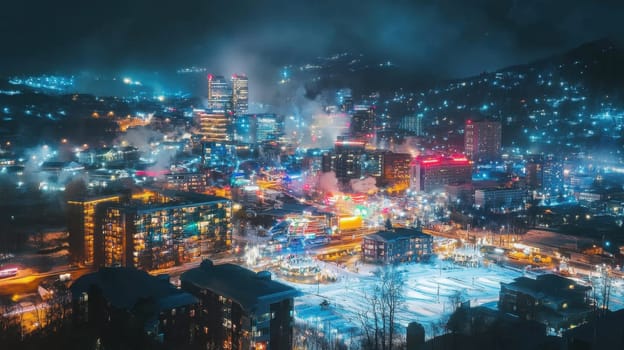 A bustling city illuminated with colorful lights at night showcasing skyscrapers and a lively atmosphere filled with activity.