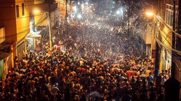 A bustling street filled with large crowds celebrating a festival at night with lights and confetti creating a festive atmosphere.