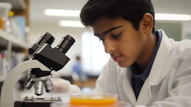 A focused young scientist examines a sample under a microscope in a lab, fostering scientific curiosity and discovery.