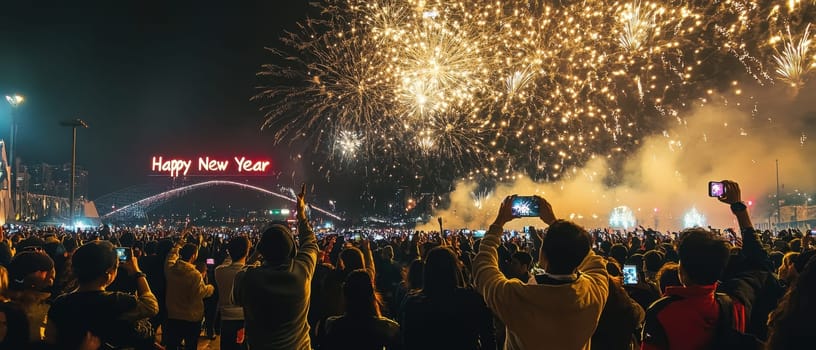 A lively crowd gathers to enjoy a dazzling fireworks display welcoming the New Year at a festive outdoor location.