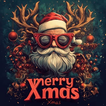 A stylized Santa wearing sunglasses and a hat stands among festive decorations embodying the cheerful spirit of the Christmas season.