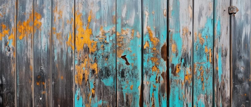 A weathered wooden wall displays vibrant colors and textures from years of exposure creating an urban art piece full of character and history.