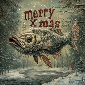 A whimsical fish floats through a snowy forest wishing a merry Christmas with festive lettering above creating a unique holiday atmosphere.