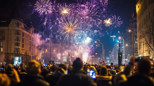 Crowds gather in a lively city as colorful fireworks light up the night sky creating a festive atmosphere during a public celebration.