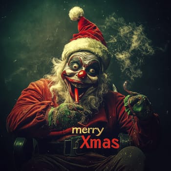 A creepy clown wearing a Santa hat sits with a sinister grin holding candy while surrounded by a smoky atmosphere during Christmas.