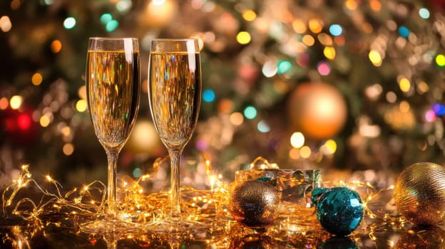 Two elegant glasses filled with sparkling beverage sit amidst twinkling lights and colorful ornaments during a festive celebration.