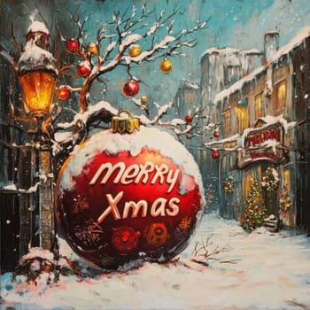 A large ornament displays Merry Xmas amidst snow covered streets glowing lights and decorated shops creating a cozy holiday atmosphere.