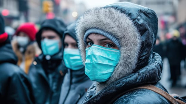 A diverse group of individuals wearing winter coats and masks stands together in a frozen urban setting during a protest emphasizing solidarity.
