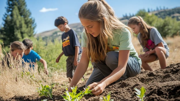 A group of children eagerly planting seedlings in a community garden, learning about sustainability and teamwork.