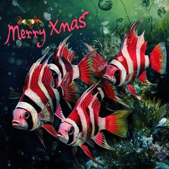 Four striped fish swim through greenery celebrating Christmas with vibrant colors against a dark watery backdrop.