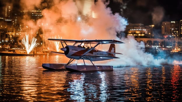 A seaplane prepares to take off at night illuminated by fireworks reflecting off the water creating a festive atmosphere.